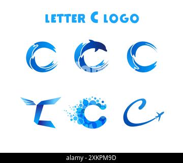 C letters logo, travel concept with water, waves, dolphin and plane sign. Tourism company or expedition branding concept. Vector illustration Stock Vector