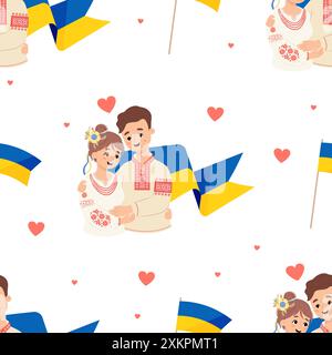 Seamless pattern Ukrainian people. Cute couple man and woman in traditional embroidered clothes with Ukrainian yellow-blue flag on white background. V Stock Vector