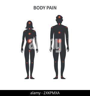 Pain points on male and female body. Silhouette of man and woman with red points of ache in body. Vector Stock Vector