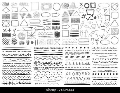 Hand drawn lines. Black crayon charcoal underlines, geometric shapes. Doodle lines with grunge pastel pencil texture. Handwritten chalk scribbles Stock Vector