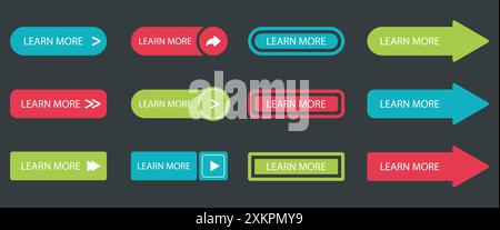 Learn more colorful buttons set for website design. Arrow button in different colors. Vector Stock Vector