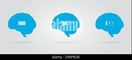 Mental energy reduction. Brain concentration concept. Full, half full and empty battery energy in human mental. Vector Stock Vector