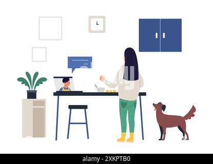 Cooking online tutorial. Video blog on monitor display. Food blogger tells how to cook a dish. Chef teaches cooking new recipe. Female follower study Stock Vector