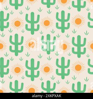 Cute Green Cactus with orange sun seamless pattern. For fabric, textile and wallpaper Stock Vector