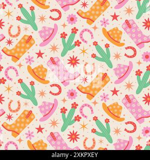 Groovy cowgirl boots , hats ,cactus and  horseshoe seamless pattern in pink, red and orange with retro flowers and stars. For fabric, textile, wrappin Stock Vector
