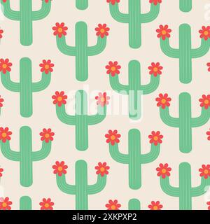 Cute Green Cactus with groovy red flowers seamless pattern. For fabric, textile and wallpaper Stock Vector
