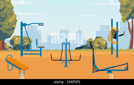 Street workout park. Urban park landscape with street workout zone. Sport playground, outdoor gym equipment. Health and fitness athletic lifestyle Stock Vector