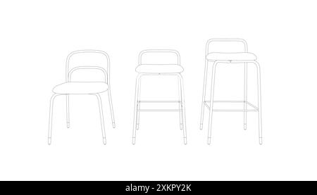 Vector illustration Bar stool icons set of contours. Chair bench. Club furniture. Front view. Stock Vector