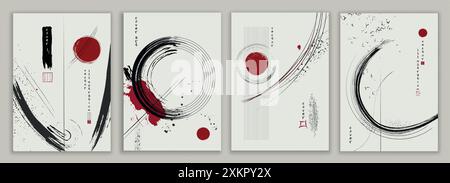 Modern poster with ink or paint splash brush stroke shapes and black and red round circles on white background in Japanese art style. Cover brochure Stock Vector