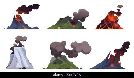 Volcanoes. Mountains eruption with fire lava explosion with smoke. Volcanic magma flow element for computer game landscape. Volcano vector isolated Stock Vector