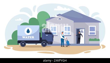 Water delivery. Clean drinking water service. Smiling man in uniform carrying plastic bottle to customer. Delivery truck. Water delivery service Stock Vector