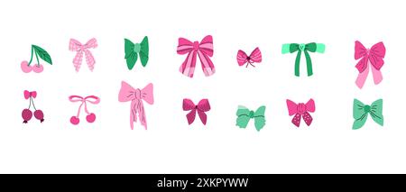 Vector Illustration of girly vintage bows and cherry. Bow for hair decor flat. Elements isolated. Coquette aesthetic accessories. Stock Vector
