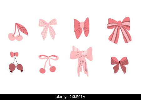 Vector Illustration of girly vintage bows and cherry knot. Bow for hair decor flat. Elements isolated. Coquette aesthetic accessories. Stock Vector