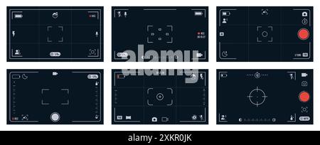 Mobile camera viewfinder. Smartphone viewfinders screen mobile camera with photo and video settings, grid, grid, focus, exposure, zoom and flash icons Stock Vector