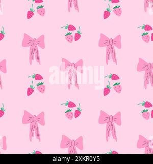 Cute childrens fashion background. Bows and berry pattern with strawberry or cherry. Romantic decoration for girls clothes, summer kitchen towels. Stock Vector