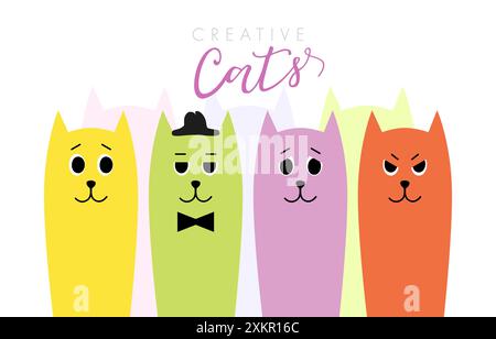 Cute greeting card with creative cartoon cats. Set of cat emoticons. Colorful concept. Party invitation template. Editable design with clipping mask. Stock Vector