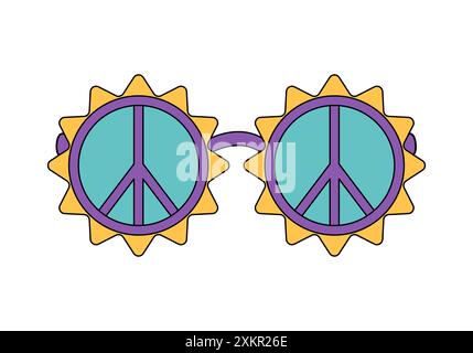 Groovy round sunglasses with flower frames and hippie peace sign vector illustration Stock Vector