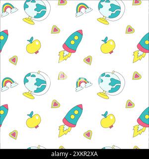 Childrens school doodle elements background. Education stationery supplies, building, globe, books and other student accessory seamless pattern. Stock Vector
