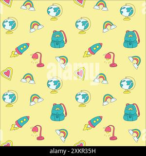 Childrens school doodle elements background. Education stationery supplies, building, globe, books and other student accessory seamless pattern. Stock Vector