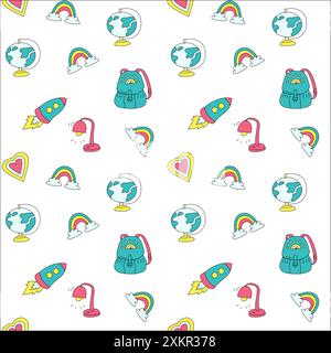 Childrens school doodle elements background. Education stationery supplies, building, globe, books and other student accessory seamless pattern. Stock Vector