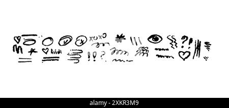 Collection of hand drawn colorful charcoal doodle shapes and squiggles, scribbles. Pencil drawings isolated on white. Crown, stars, heart and arrows doodle collage elements. Stock Vector