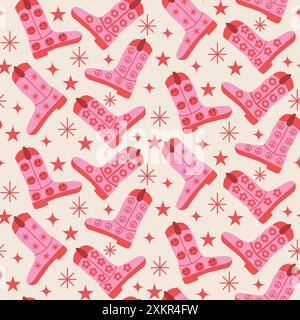 Retro Groovy Pink Cowgirl boots seamless pattern with smile faces, retro flowers and stars . For fabric, textile and wrapping paper Stock Vector