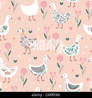 Cute geese or ducks with various patterns on their plumage on pink background. Trendy seamless pattern Stock Vector