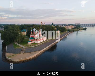Aerial view of Uglich on Volga river overlooking Kremlin Cathedrals in ...