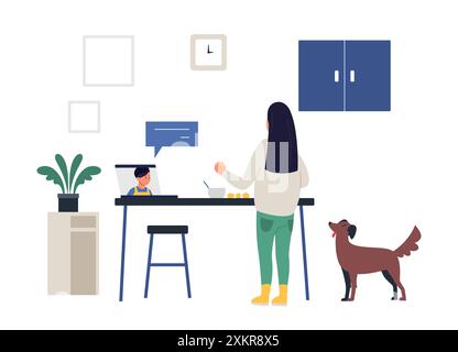 Cooking online tutorial. Video blog on monitor display. Food blogger tells how to cook a dish. Chef teaches cooking new recipe. Female follower study Stock Vector