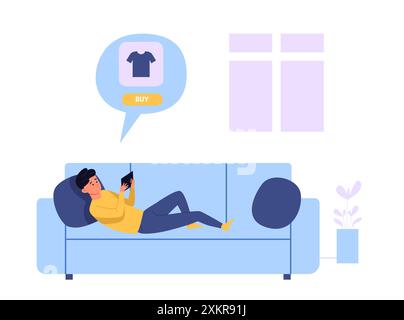 Online shopping from home. Website design template for clothing store with home delivery. Young man laying on sofa and ordering t-shirt and products Stock Vector