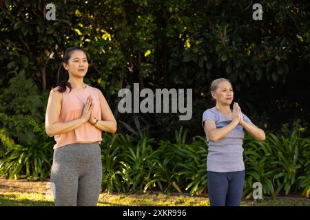 Practicing yoga, asian grandmother and granddaughter standing in prayer pose outdoors in park. meditation, wellness, fitness, mindfulness, exercise, s Stock Photo