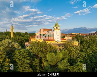 Aerial view of the public bath Muellersches Volksbad at the river Isar Stock Photo