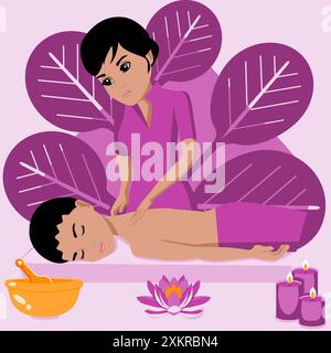 Traditional wellness back and neck massage with professional massage therapis in spa. Indian nationality. Isolated flat vector illustration. Stock Vector