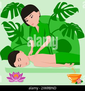 Traditional wellness back and neck massage with professional massage therapis in spa. Asian nationality. Isolated flat vector illustration. Stock Vector