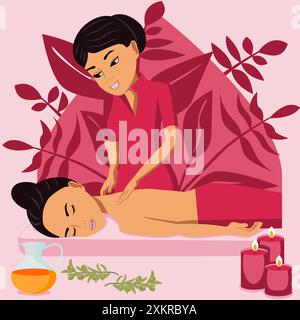 Traditional wellness back and neck massage with professional massage therapis in spa. Eastern nationality. Isolated flat vector illustration. Stock Vector