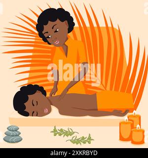 Traditional wellness back and neck massage with professional massage therapis in spa. African nationality. Isolated flat vector illustration. Stock Vector