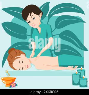 Traditional wellness back and neck massage with professional massage therapis in spa. European nationality. Isolated flat vector illustration. Stock Vector