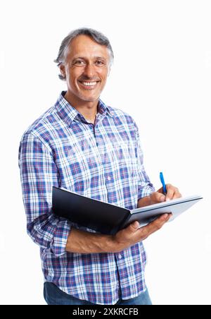 Portrait, business and man with documents, smile and employee isolated on white studio background. Face, person and construction developer with file Stock Photo