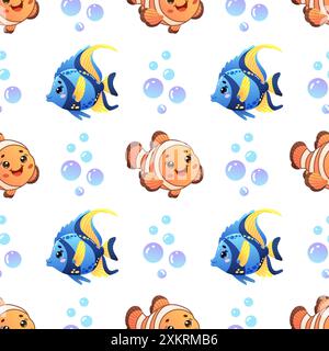 Vector seamless pattern featuring adorable blue and orange fish with bubbles on a white background.  Stock Vector