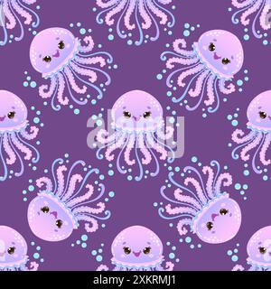 Seamless pattern with cute smiling jellyfish floating among bubbles on a dark purple background. Vector illustration Stock Vector