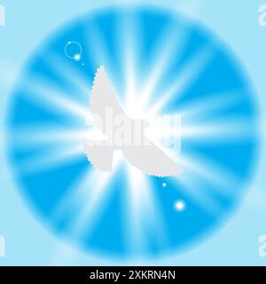 Flying dove silhouette. White bird on a blue radiant background. Abstract light rays. Peaceful flight. Stock Vector