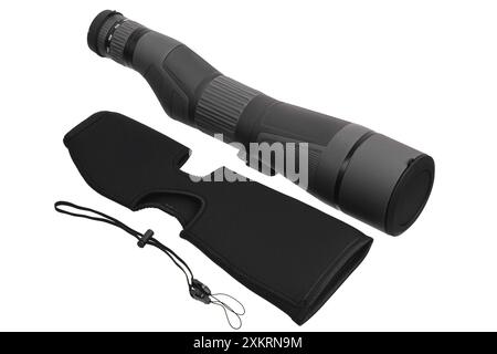 Modern spyglass. Long-range observation device. Monocular isolate on a white background. Stock Photo