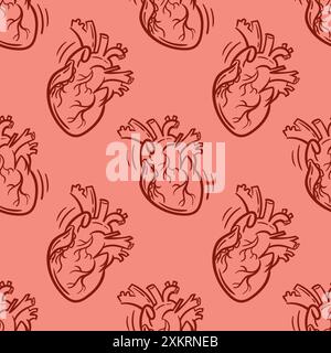 Seamless pattern Realistic anatomic heart, vector hand drawn illustration in doodle style, sketch drawing. For wallpaper, fabric, wrapping, background Stock Vector