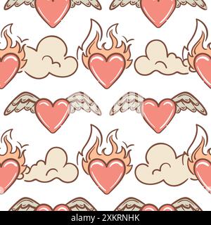 Seamless pattern heart on fire, with angel wings. Vector illustration in 2000s style. Flame. Aesthetics of the 90s, 00s. Trendy color Peach Fuzz. For Stock Vector