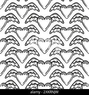 Seamless pattern Shining heart with angel wings. Vector illustration in 2000s style. Aesthetics of the 90s, 00s. For wallpaper, fabric, wrapping, back Stock Vector