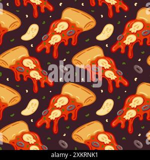 Seamless pattern of cute Margherita pizza slice with scary Halloween decoration. Cheese ghosts and mozzarella skull. Colorful fantasy food illustratio Stock Vector