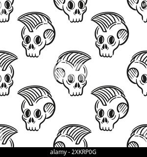 Seamless pattern Skull with mohawk, punk. Cool Vector hard rock illustration. Informal subculture, freak. sketch drawing. Heavy metal, Music. For for Stock Vector