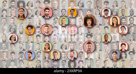 Individual portraits of businessmen are highlighted with red circle as personnel concept Stock Photo