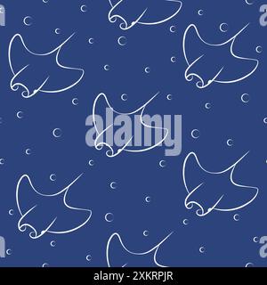 Cute sea and ocean cartoon stingray sketch pattern. Seamless pattern background with underwater 2d characters Stock Vector