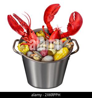 Lobster Bake isolated on a white background as a Pot of lobsters boiling with corn clams and potatoes as a classic Atlantic coast festive meal and sea Stock Photo